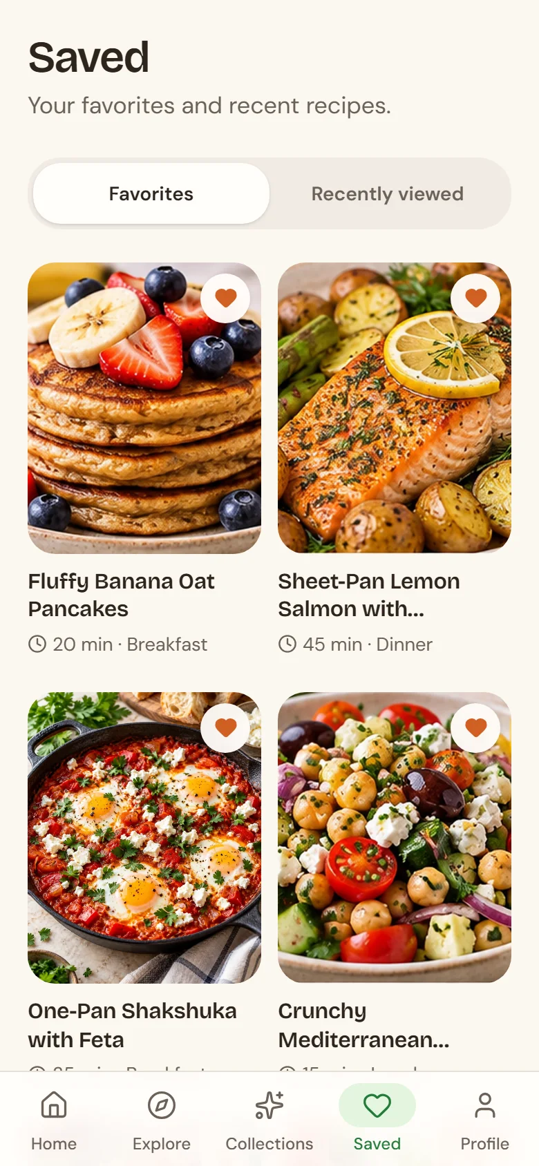 Sugarless Saved screen showing favorite recipes