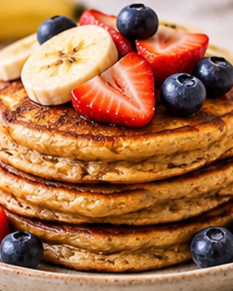 Fluffy Banana Oat Pancakes topped with berries and banana