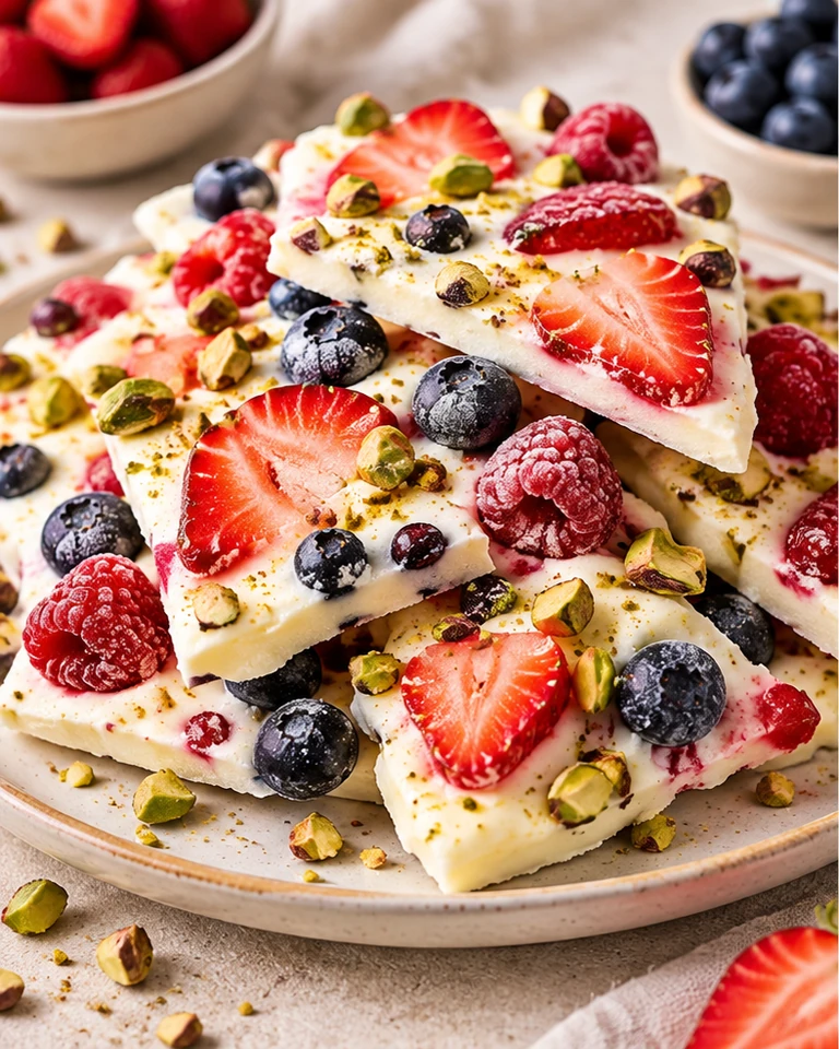 Frozen Yogurt Berry Bark with strawberries, blueberries and pistachios